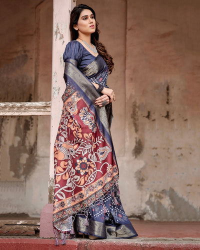 Navy Blue Tussar Silk Saree with Geometric Patterns, Zari Border, and Vibrant Pallu