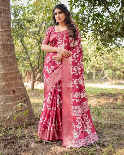 Maroon Tussar Silk Saree with White Floral Motifs, Intricate Zari Border, and Elegant Tassel Pallu