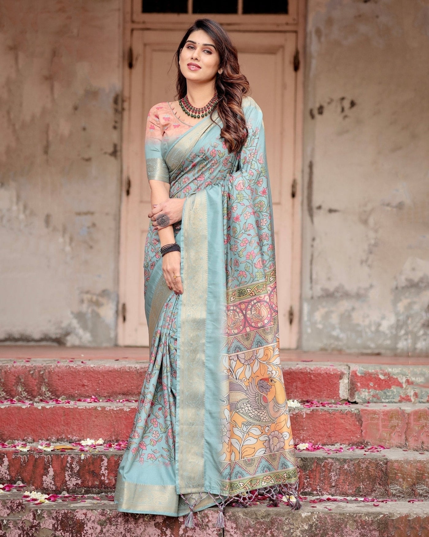 Sky Blue Tussar Silk Saree with Intricate Zari Border and Artistic Pallu Design