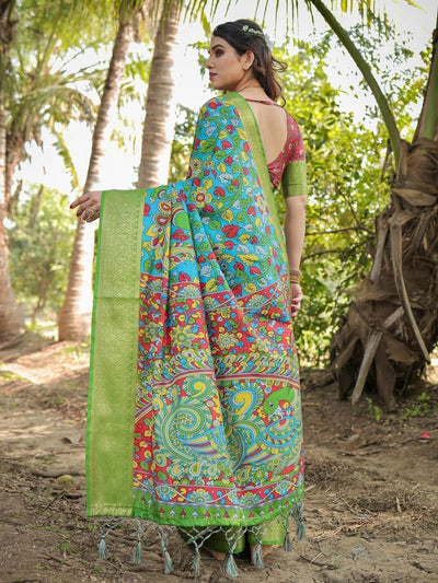 Vibrant Peacock Motif Blue and Green Tussar Silk Saree with Zari Border