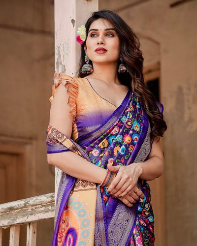 Royal Purple Tussar Silk Saree with Vibrant Floral Print and Peacock Motif Pallu