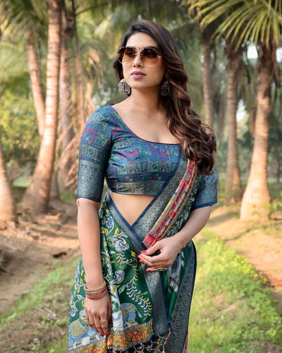 Multicolored Digital Print Tussar Silk Saree with Intricate Zari Border and Elephant Motif Pallu