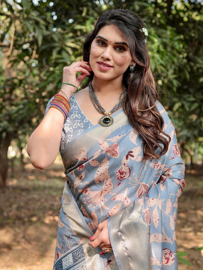 Stylish Sky Blue Tussar Silk Saree with Beige and Gold Zari Work and Contemporary Pallu Design