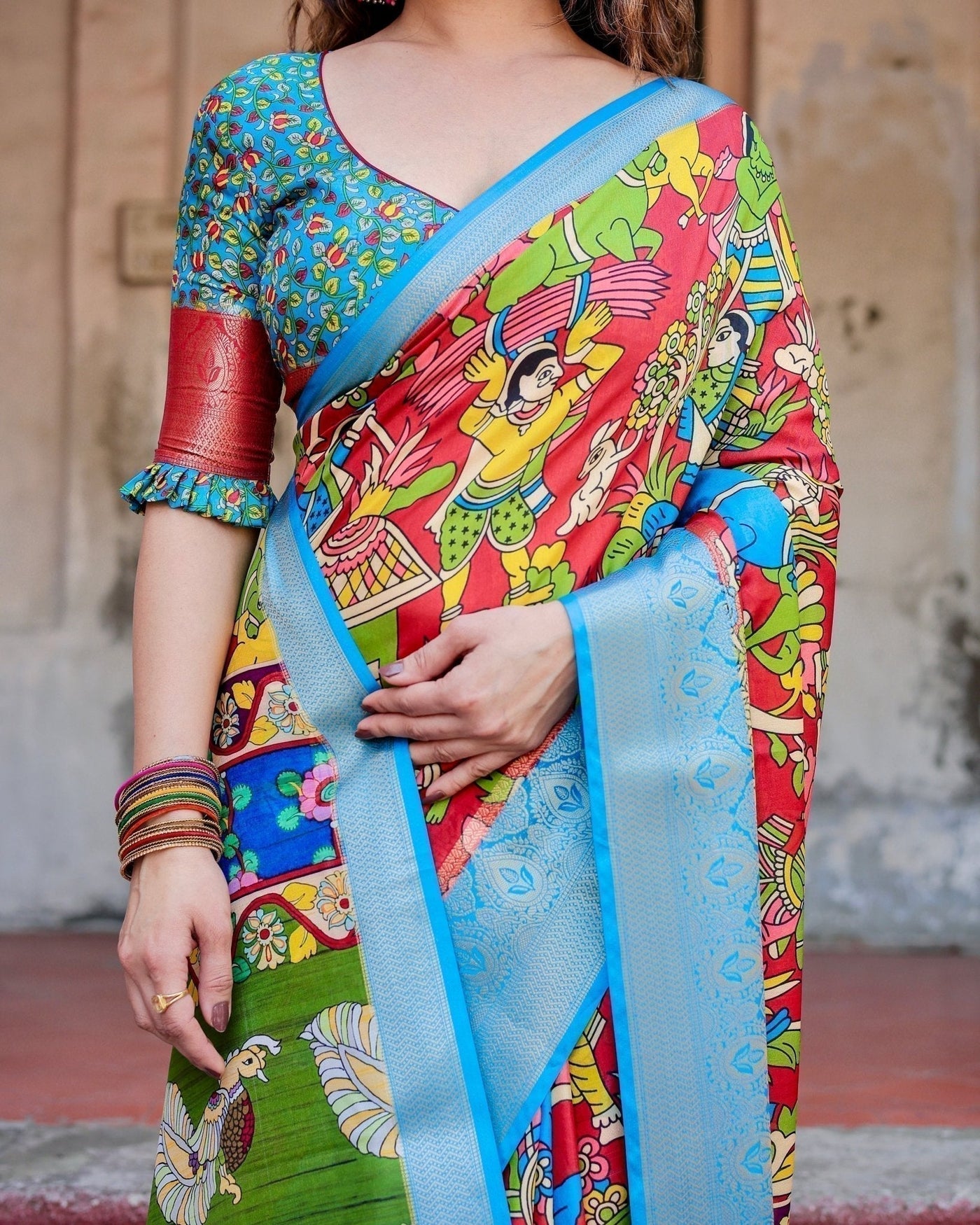Multicolor Folk Art Inspired Digital Print Tussar Silk Saree with Sky Blue Zari Border