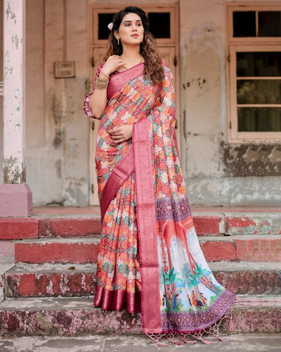 Maroon Tussar Silk Saree with Vibrant Geometric Tile Print and Zari Paisley Border