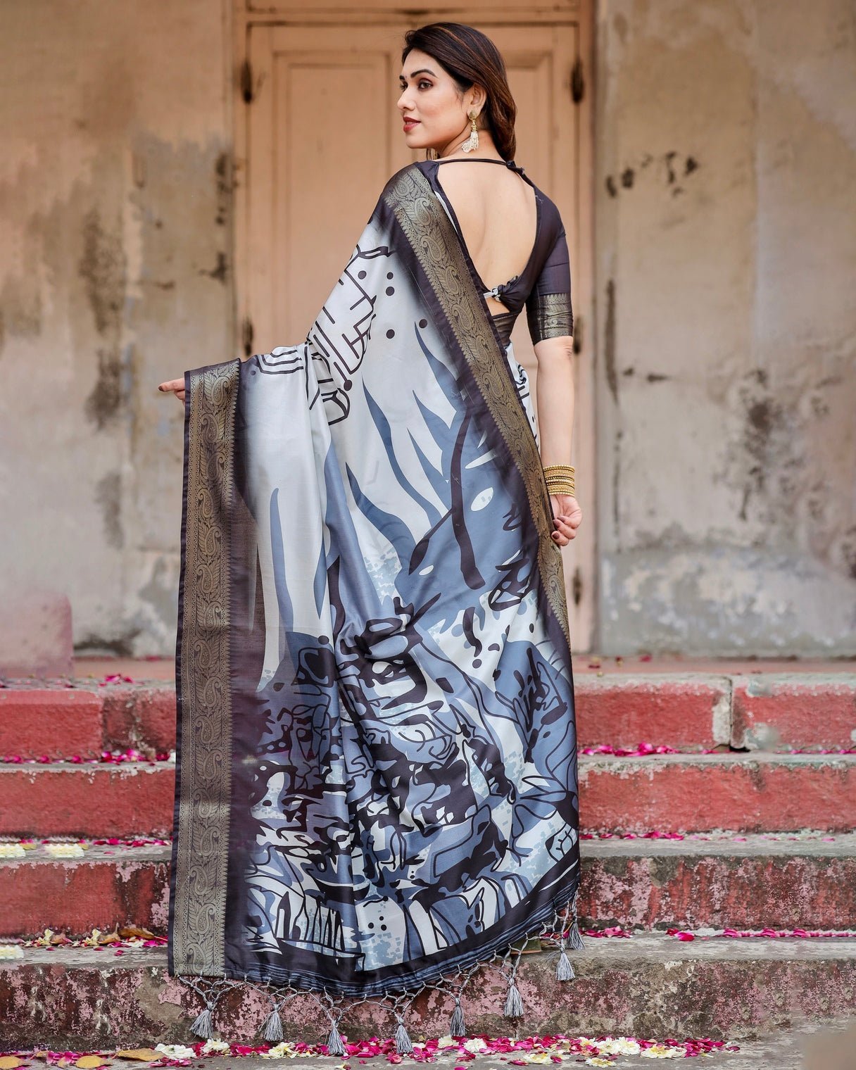 Monochrome Abstract Tussar Silk Saree with Charcoal Gray Zari Border