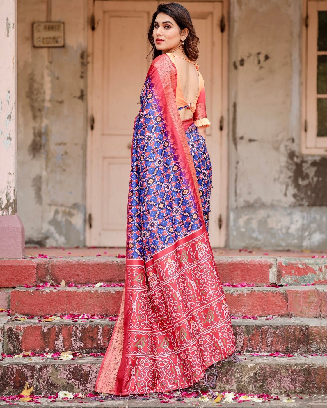 Royal Blue and Red Tussar Silk Saree with Geometric Patterns and Ornate Zari Border