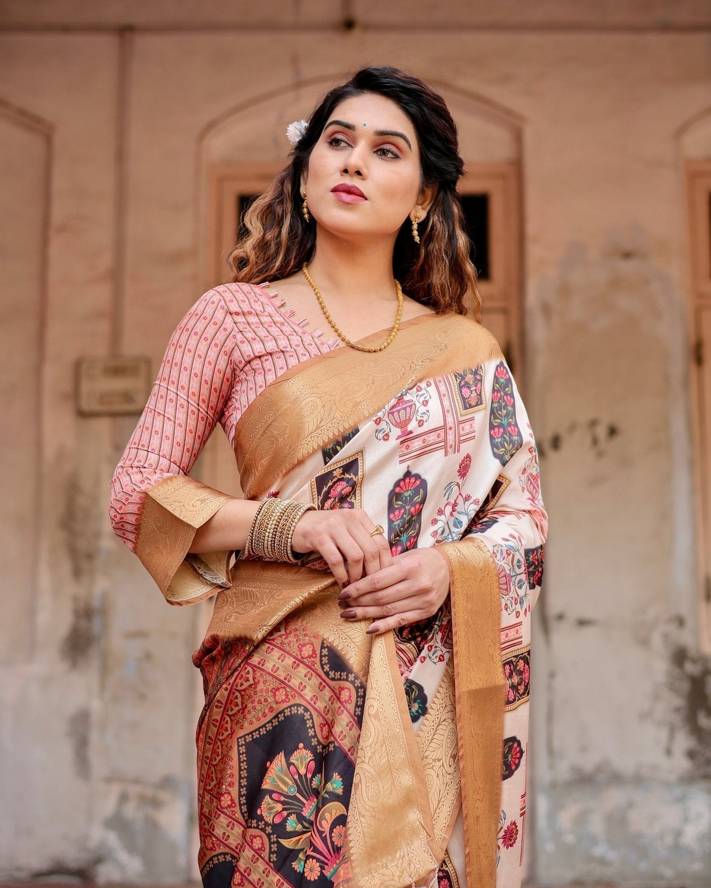 Ivory Tussar Silk Saree with Artistic Floral Motifs and Gleaming Golden Zari Border
