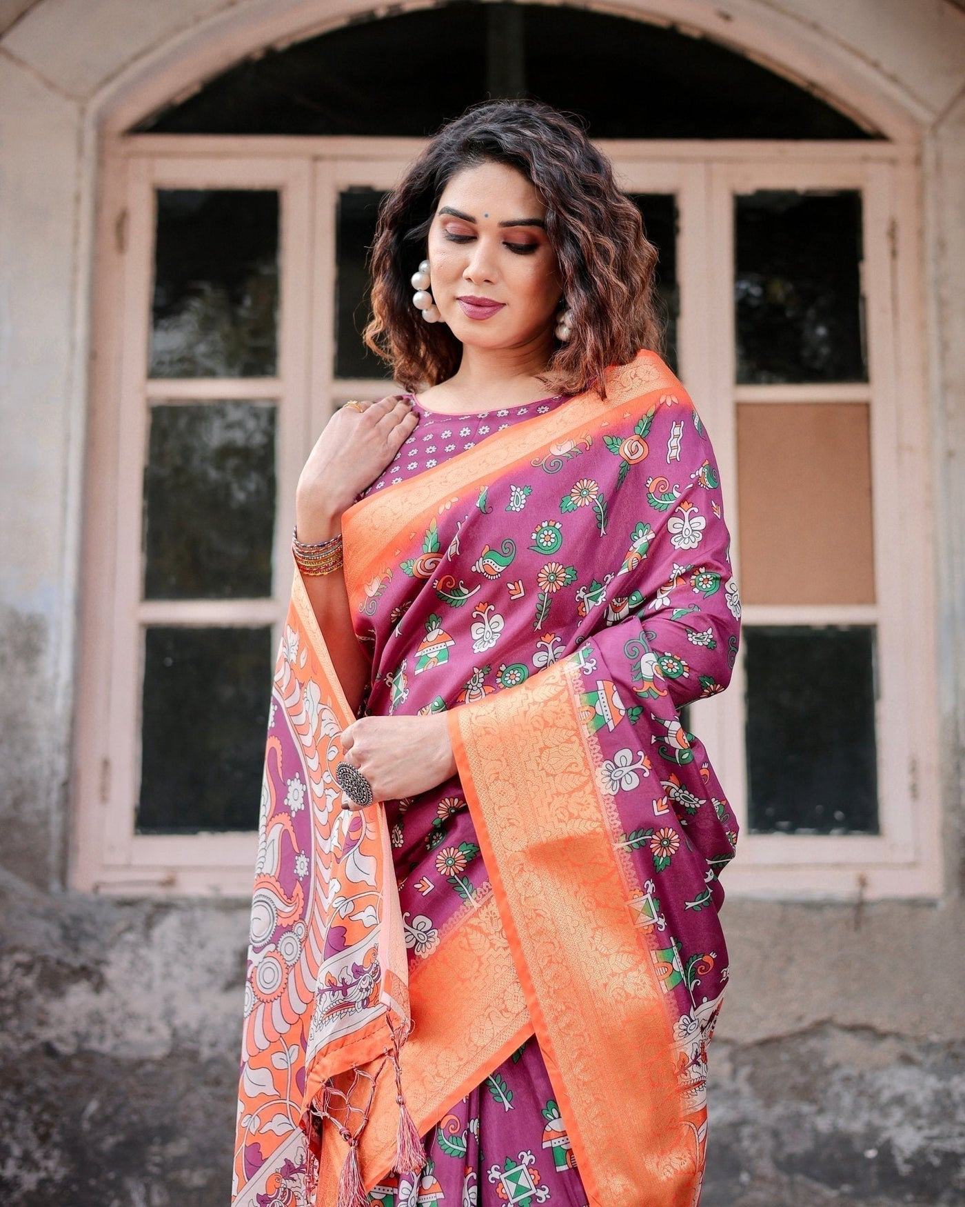 Wine Purple and Orange Tussar Silk Saree with Floral Motifs and Artistic Pallu