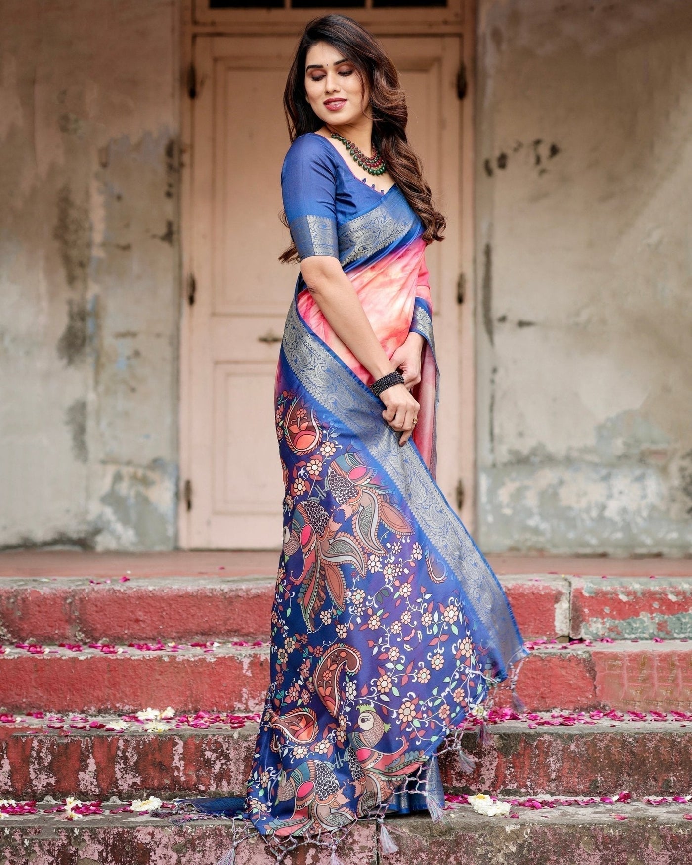 Pink and Blue Digital Printed Saree with Peacock Motif and Tassel Detail