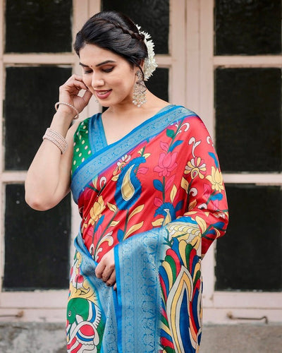 Multicolor Tussar Silk Saree with Vibrant Peacock and Floral Motifs