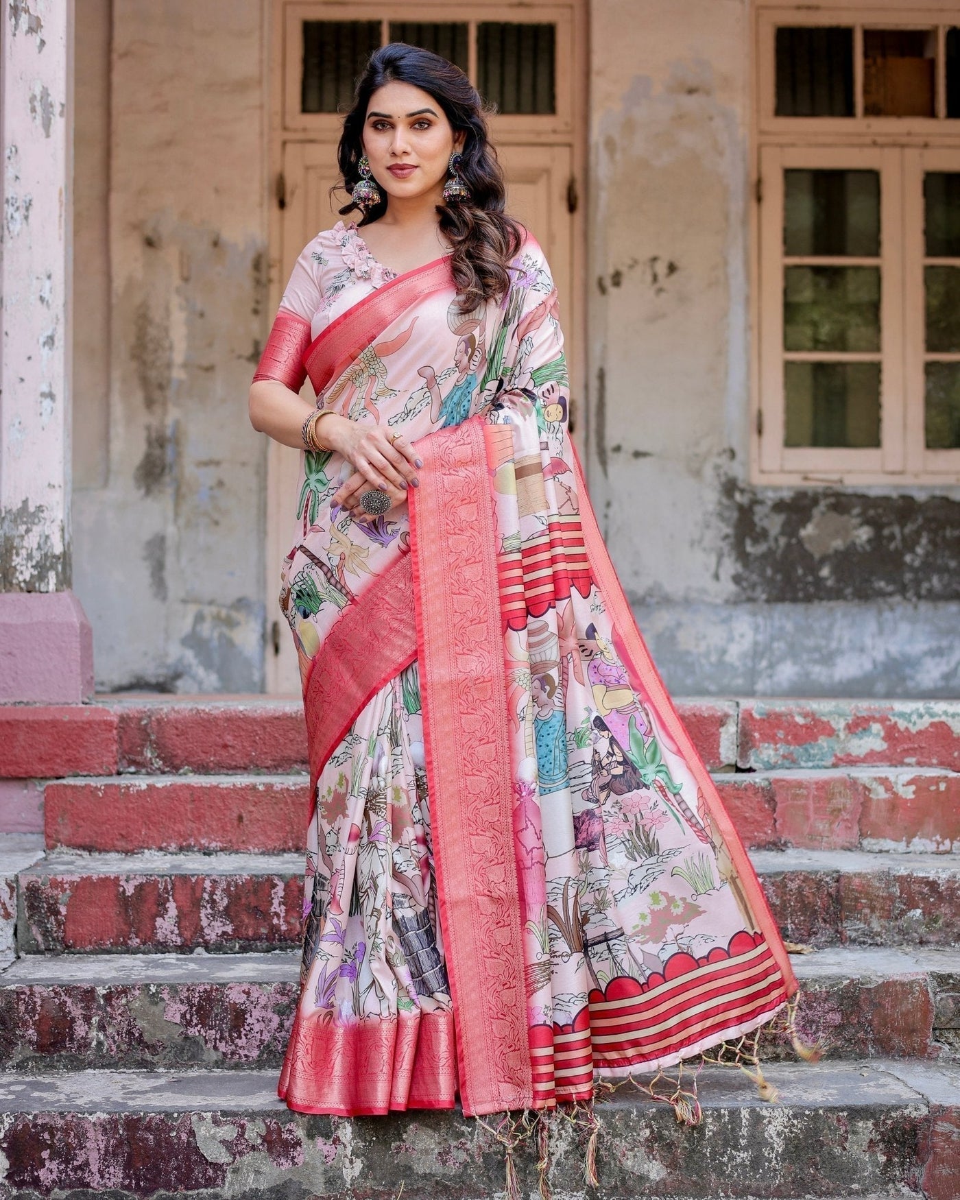 Blush Pink Digital Print Tussar Silk Saree with Vibrant Storyline Art