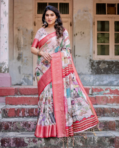 Blush Pink Digital Print Tussar Silk Saree with Vibrant Storyline Art