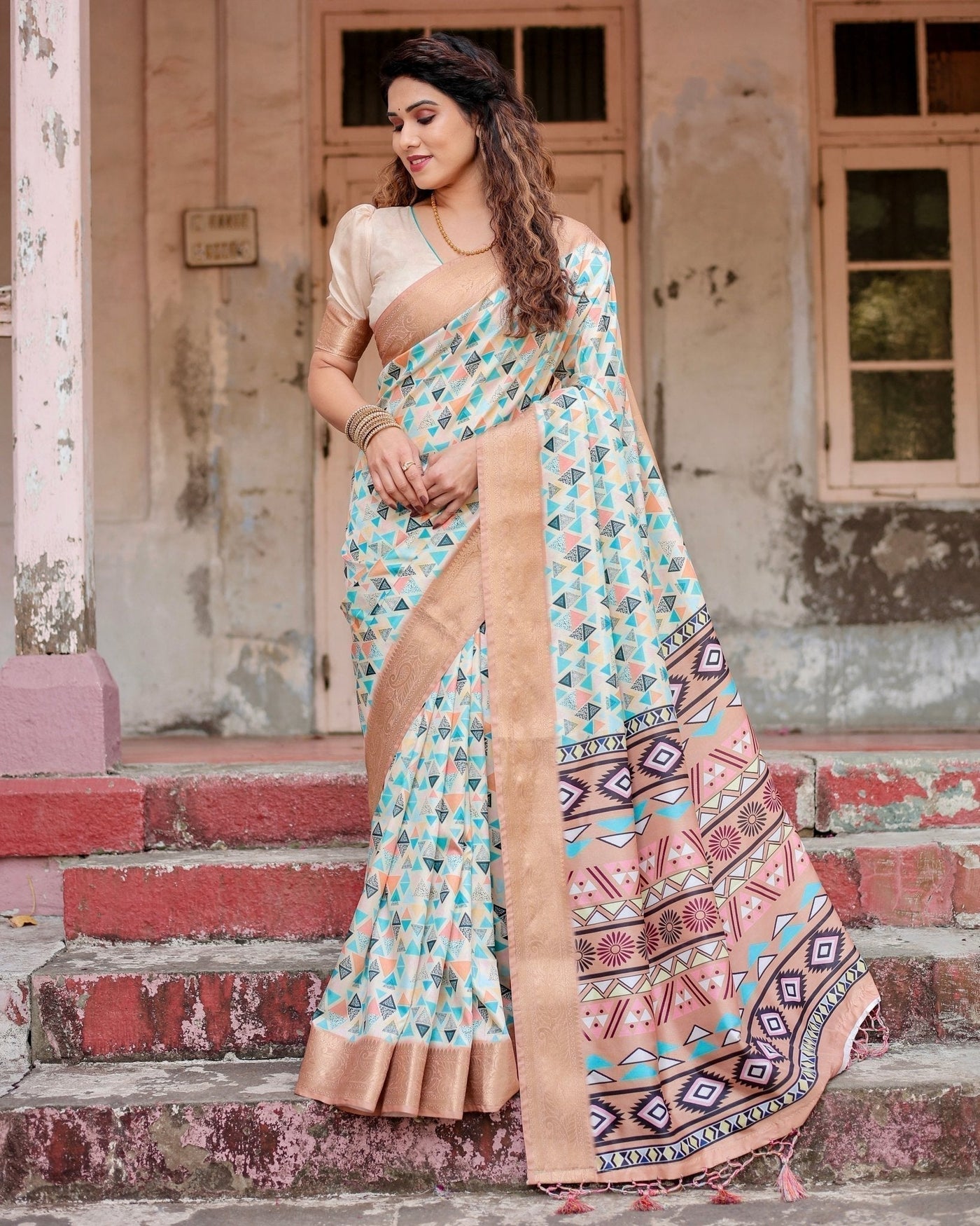 Contemporary Beige Tussar Silk Saree with Geometric Triangle Print and Golden Zari Border