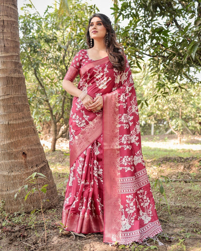 Maroon Tussar Silk Saree with White Floral Motifs, Intricate Zari Border, and Elegant Tassel Pallu