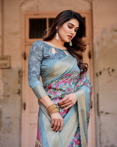 Sky Blue Tussar Silk Saree with Floral Weaves and Ornamental Pallu Design