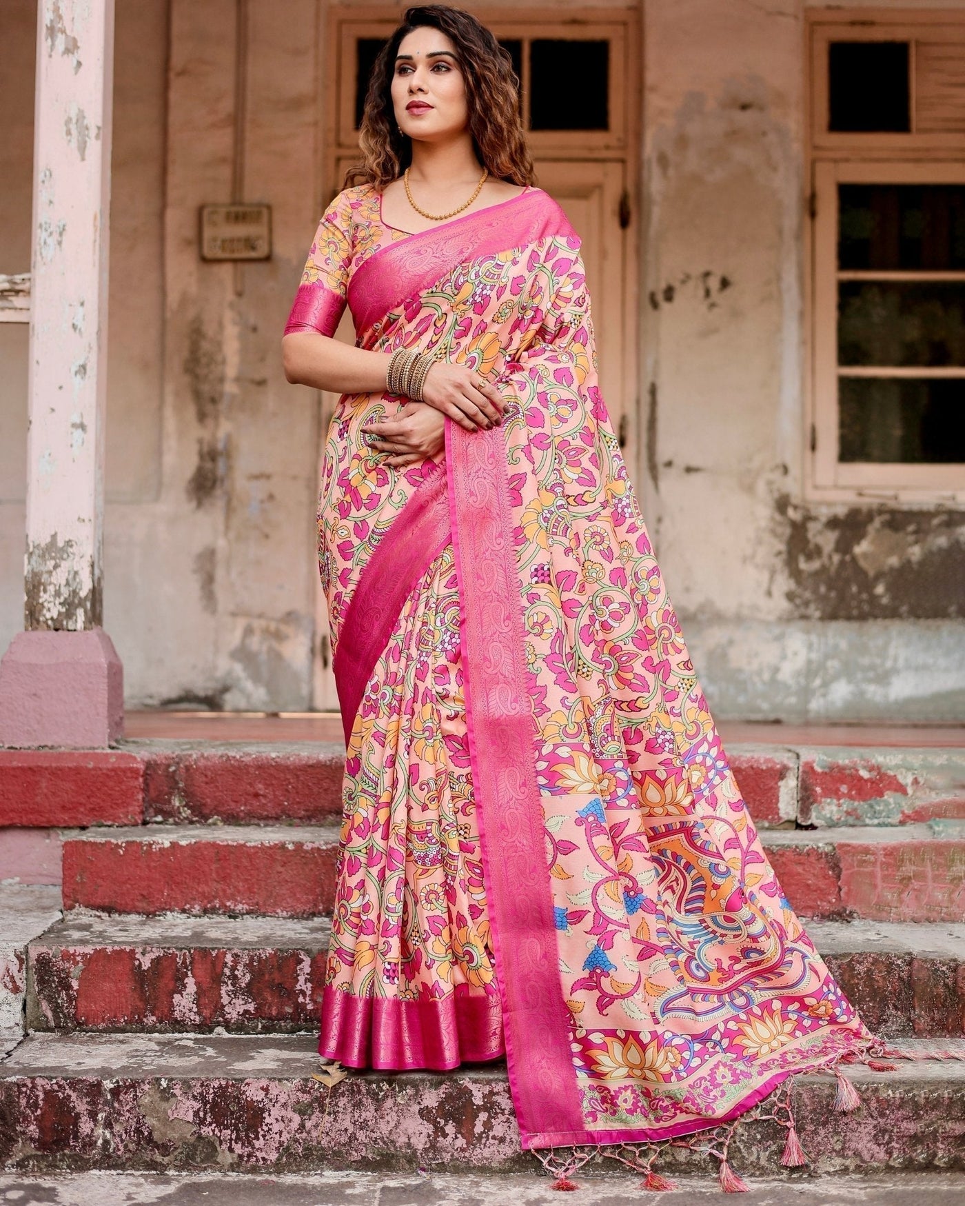 Peach and Fuchsia Floral Digital Print Tussar Silk Saree with Zari Border and Paisley Pallu
