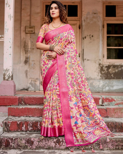 Peach and Fuchsia Floral Digital Print Tussar Silk Saree with Zari Border and Paisley Pallu