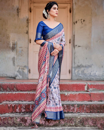 Ivory and Navy Blue Tussar Silk Saree with Floral Elegance and Ornamental Zari Work