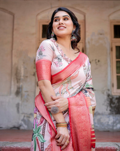 Blush Pink Digital Print Tussar Silk Saree with Vibrant Storyline Art