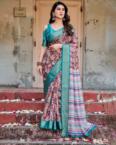 Maroon and Teal Tussar Silk Saree with Floral Zari Weave and Striped Pallu