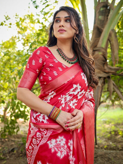 Graceful Red Tussar Silk Saree with White Floral Design and Zari Border