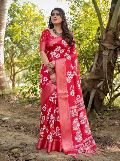 Graceful Red Tussar Silk Saree with White Floral Design and Zari Border