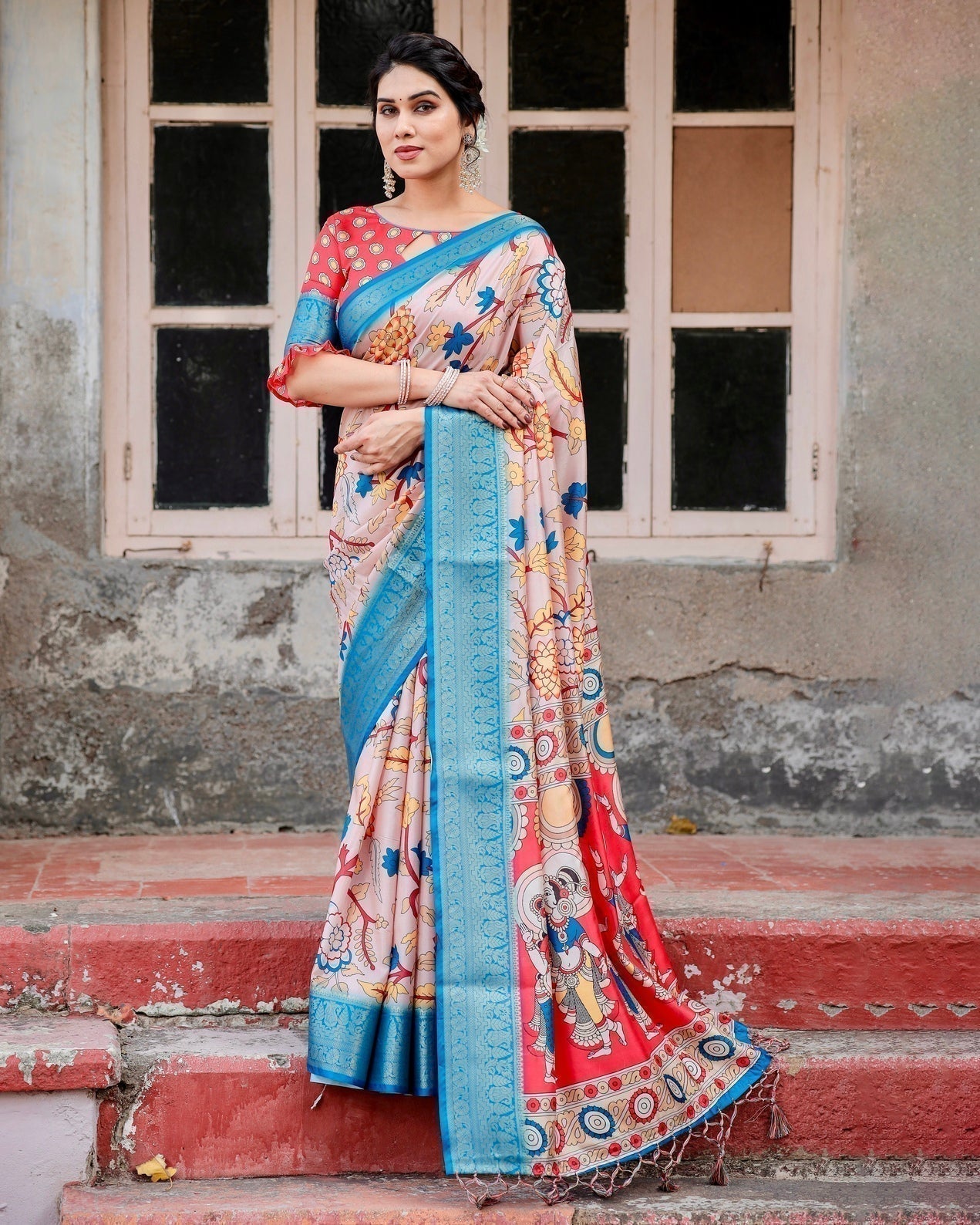 Beige and Red Tussar Silk Saree with Divine Motifs and Floral Zari Border
