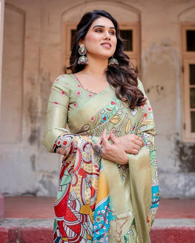 Pastel Green Tussar Silk Saree with Mythological Kalamkari Pallu and Zari Border