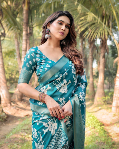 Teal Blue Tussar Silk Saree with White Floral Design, Gold Zari Border & Tassel Pallu