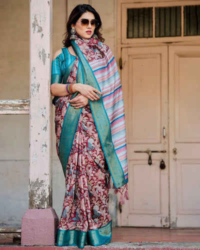 Maroon and Teal Tussar Silk Saree with Floral Zari Weave and Striped Pallu