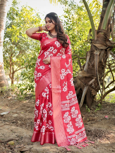 Graceful Red Tussar Silk Saree with White Floral Design and Zari Border