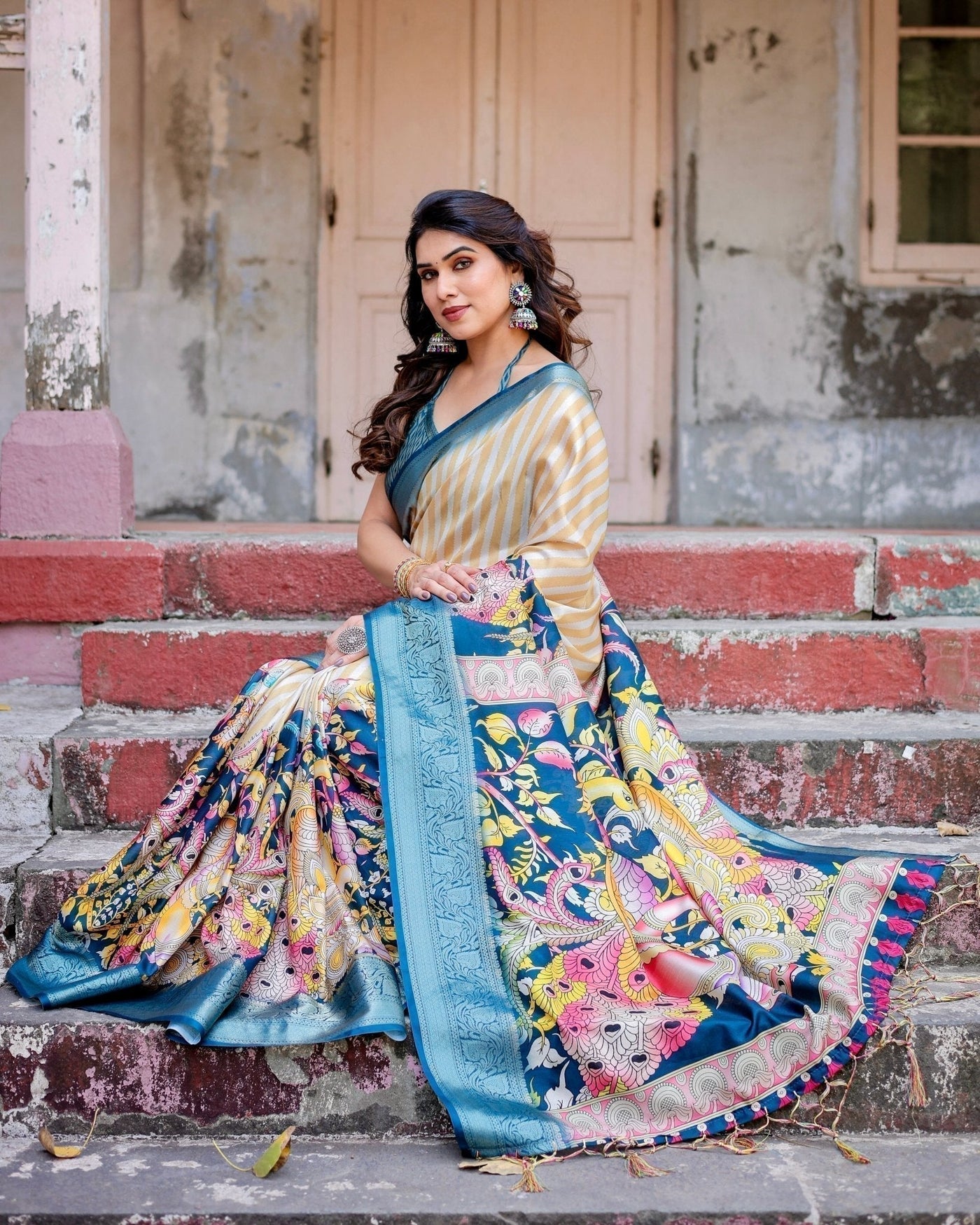 Beige & Teal Tussar Silk Saree with Intricate Kalamkari and Zari Border