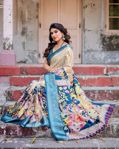 Beige & Teal Tussar Silk Saree with Intricate Kalamkari and Zari Border