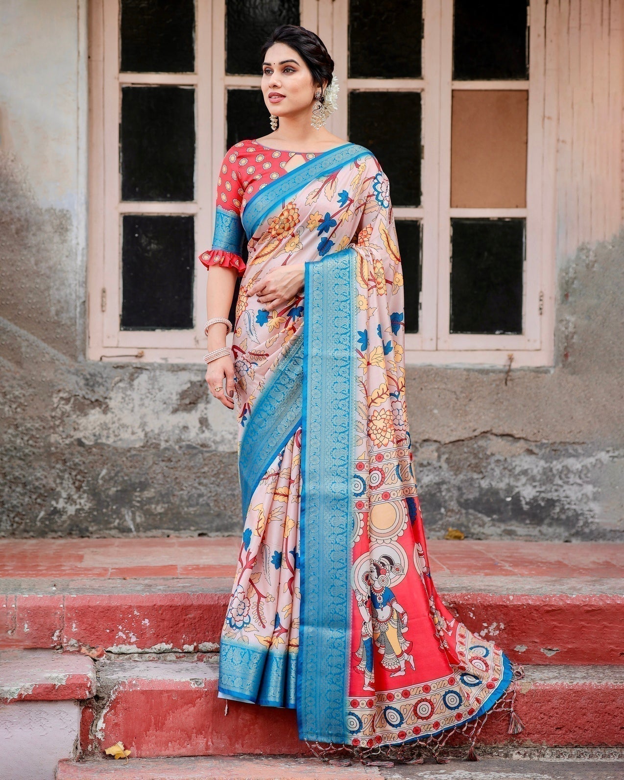 Beige and Red Tussar Silk Saree with Divine Motifs and Floral Zari Border
