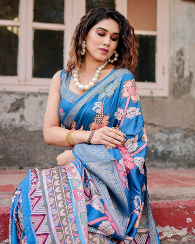 Sky Blue Tussar Silk Saree with Bold Floral Motifs and Chevron Pallu Design