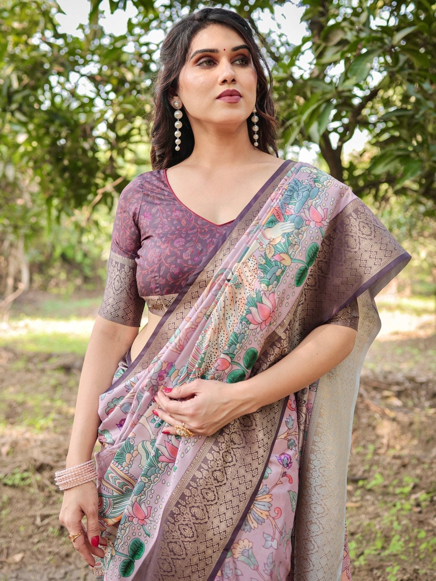 Lilac and Purple Digital Print Tussar Silk Saree with Zari Diamond Border and Lotus Motif Pallu