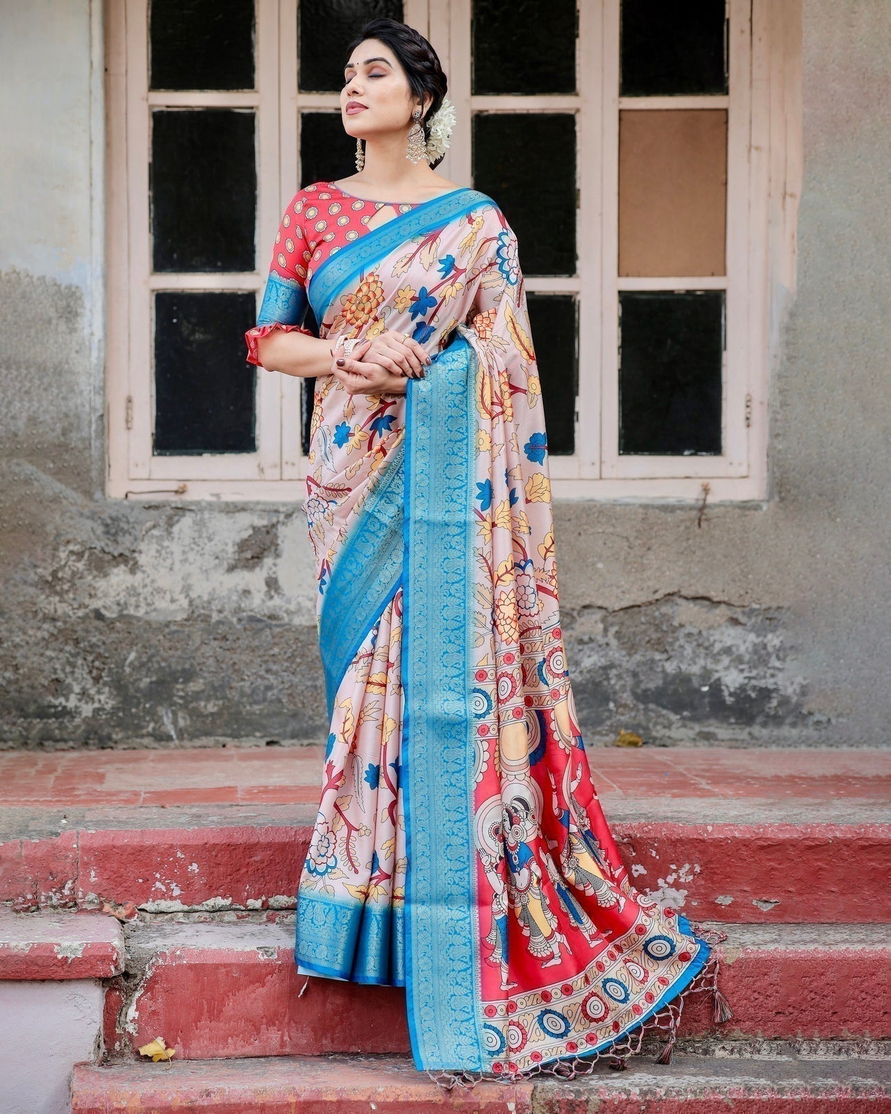Beige and Red Tussar Silk Saree with Divine Motifs and Floral Zari Border