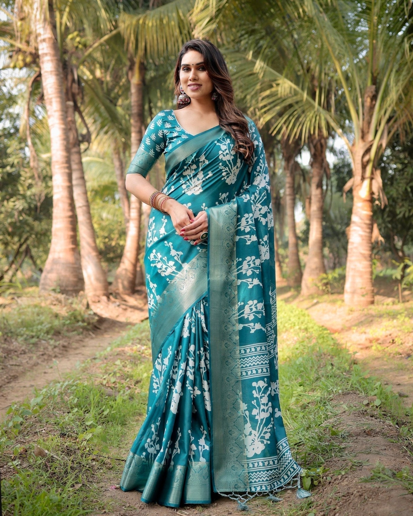 Teal Blue Tussar Silk Saree with White Floral Design, Gold Zari Border & Tassel Pallu