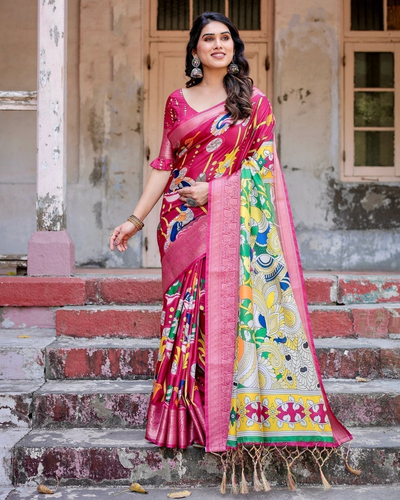 Magenta Tussar Silk Saree with Artistic Peacock & Floral Kalamkari Design