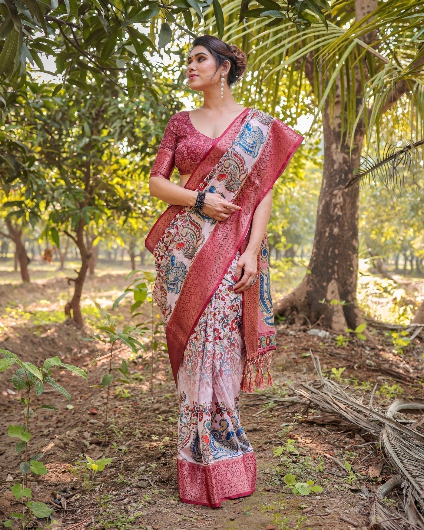Blush Pink Digital Print Tussar Silk Saree with Zari Border and Peacock Motif Pallu