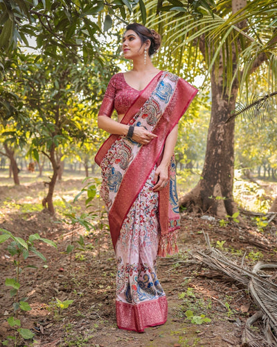 Blush Pink Digital Print Tussar Silk Saree with Zari Border and Peacock Motif Pallu