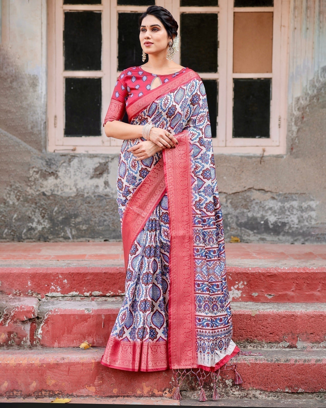 White and Red Tussar Silk Saree with Vibrant Floral Geometric Motifs and Ornamental Zari Border