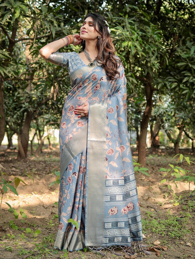 Stylish Sky Blue Tussar Silk Saree with Beige and Gold Zari Work and Contemporary Pallu Design
