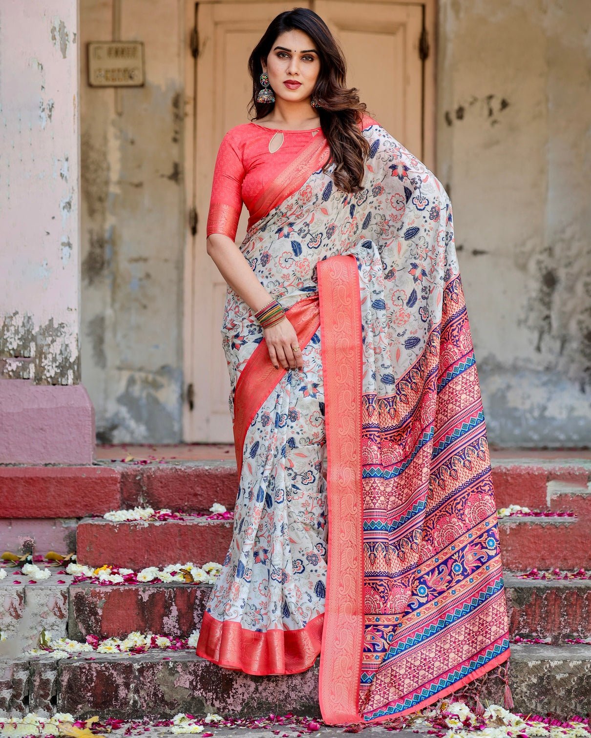 Ivory Tussar Silk Saree with Coral Zari Border and Intricate Floral Motifs