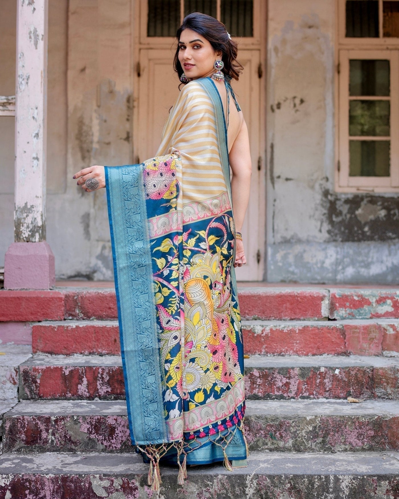 Beige & Teal Tussar Silk Saree with Intricate Kalamkari and Zari Border