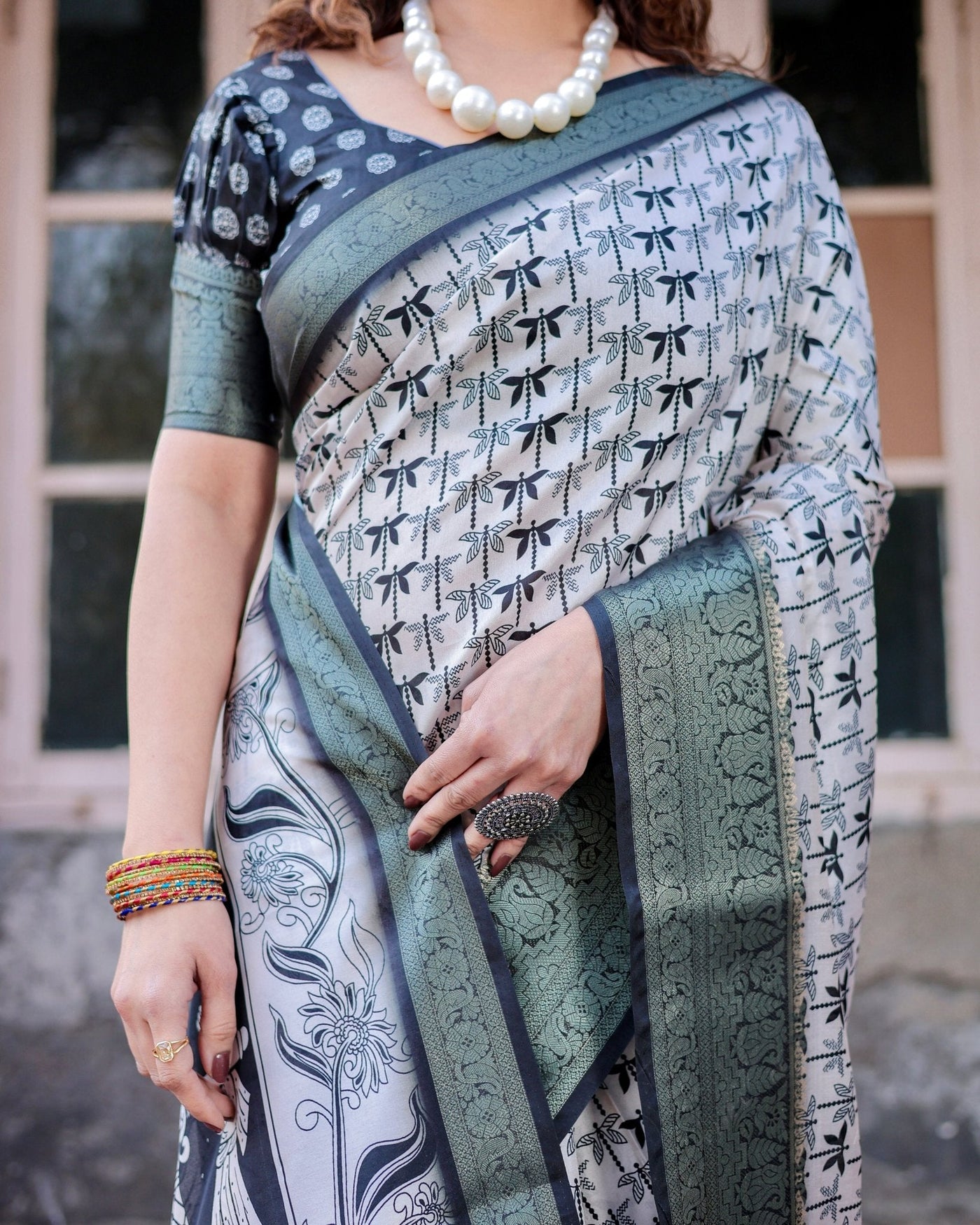 Monochrome White and Black Tussar Silk Saree with Tribal Art Motifs and Zari Border