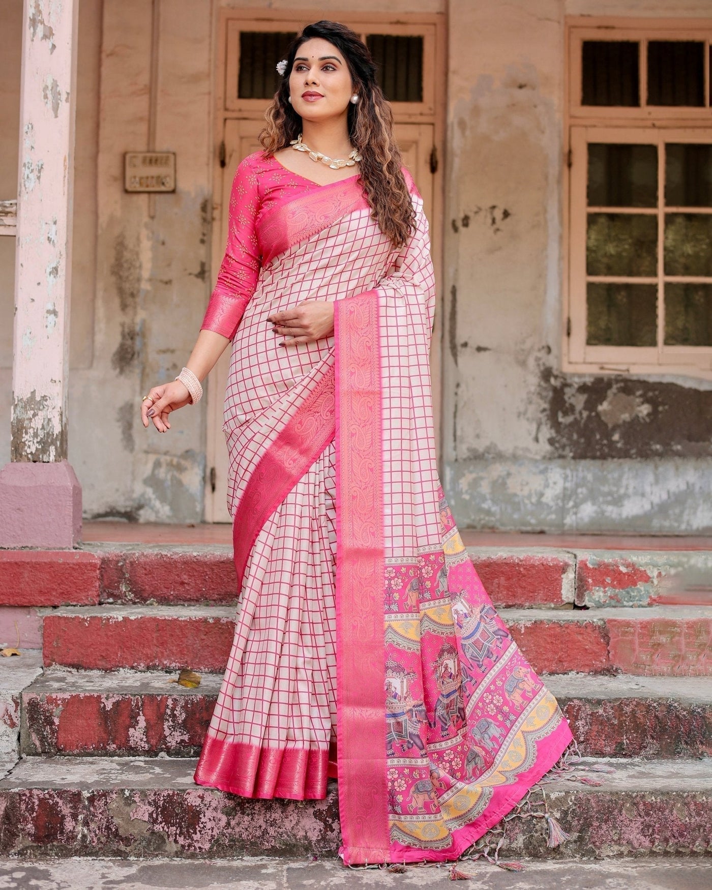 Pink and Ivory Tussar Silk Saree with Golden Zari Border and Majestic Elephant Motif Pallu