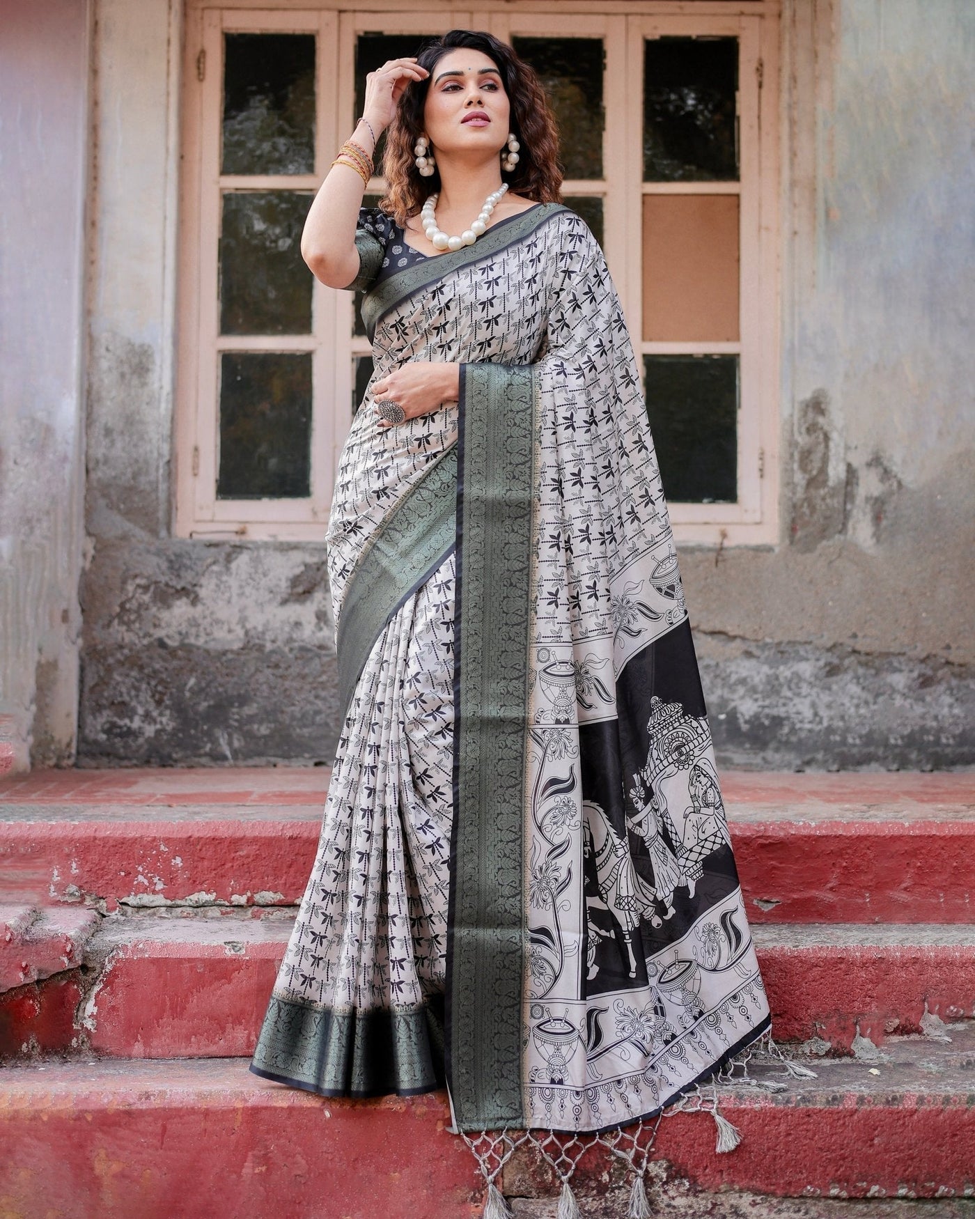 Monochrome White and Black Tussar Silk Saree with Tribal Art Motifs and Zari Border