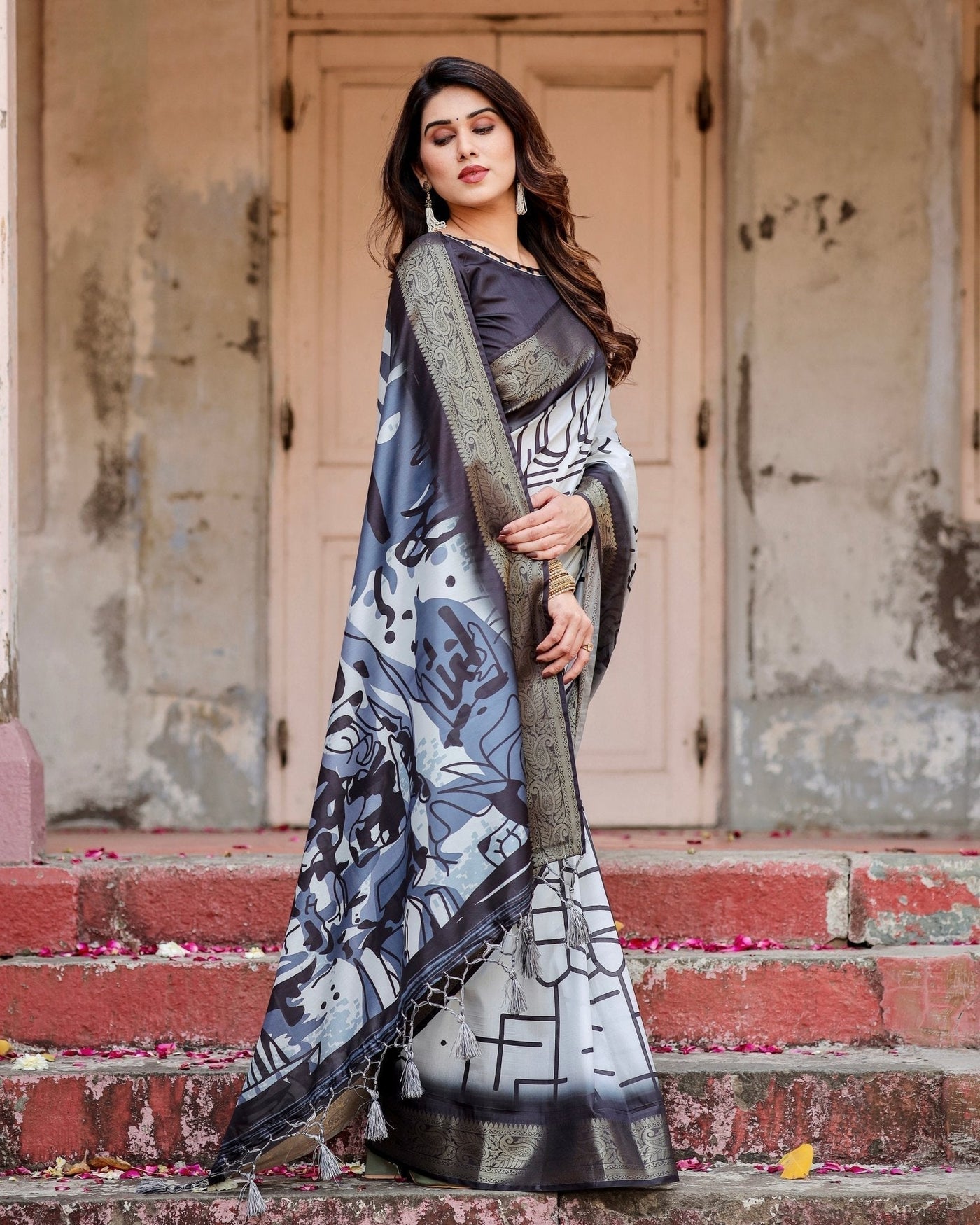 Monochrome Abstract Tussar Silk Saree with Charcoal Gray Zari Border